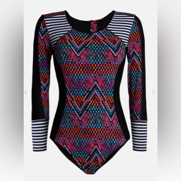 Tart Pamona Colorful UPF Long Sleeve One Piece Swimsuit Rashguard Size Medium - Picture 3 of 10